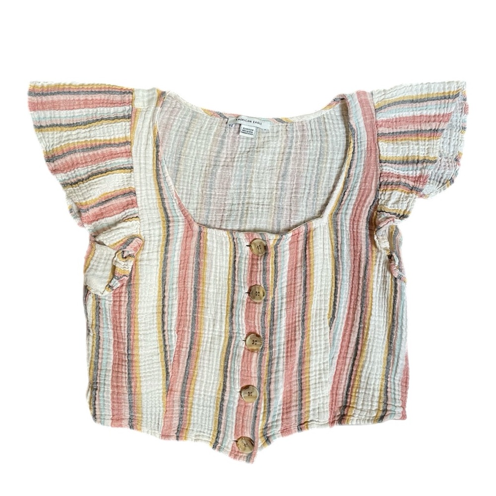 American Eagle Striped Button Front Crop Top Flutter Sleeve Size XS Extra Small